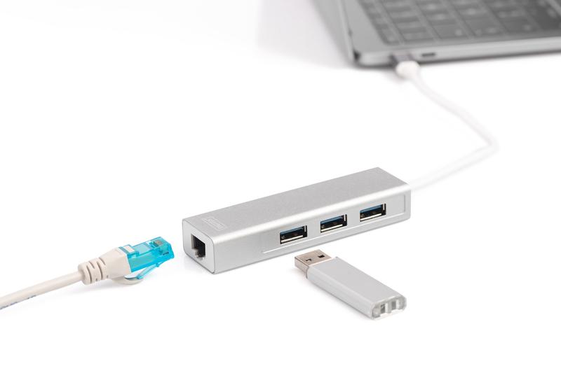 Концентратор Digitus USB-C USB 3.0 3 Port Hub + Gigabit Ethernet Серебристый - фото 5