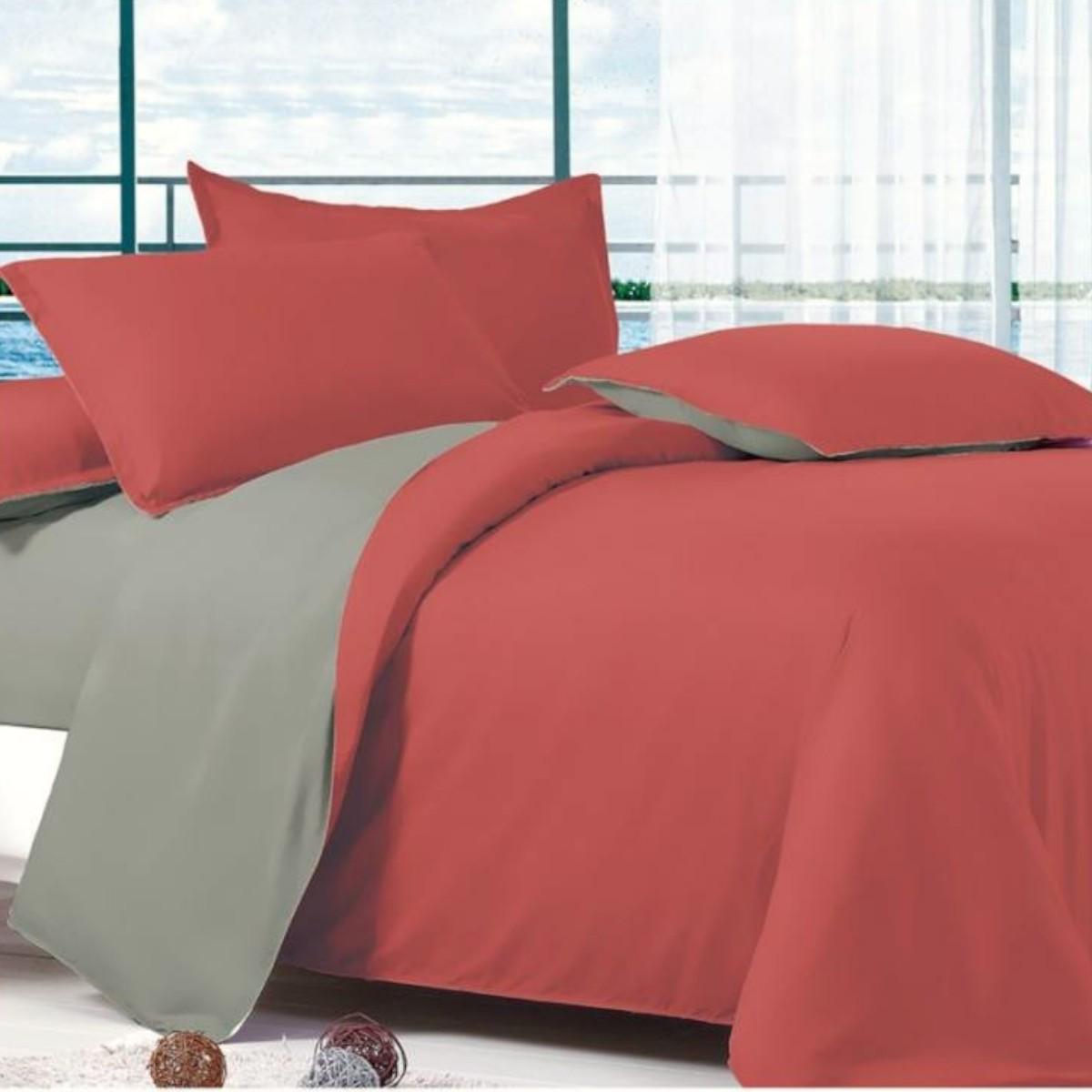 Комплект постельного белья Koloco сатин евро Красный с серым (42198)