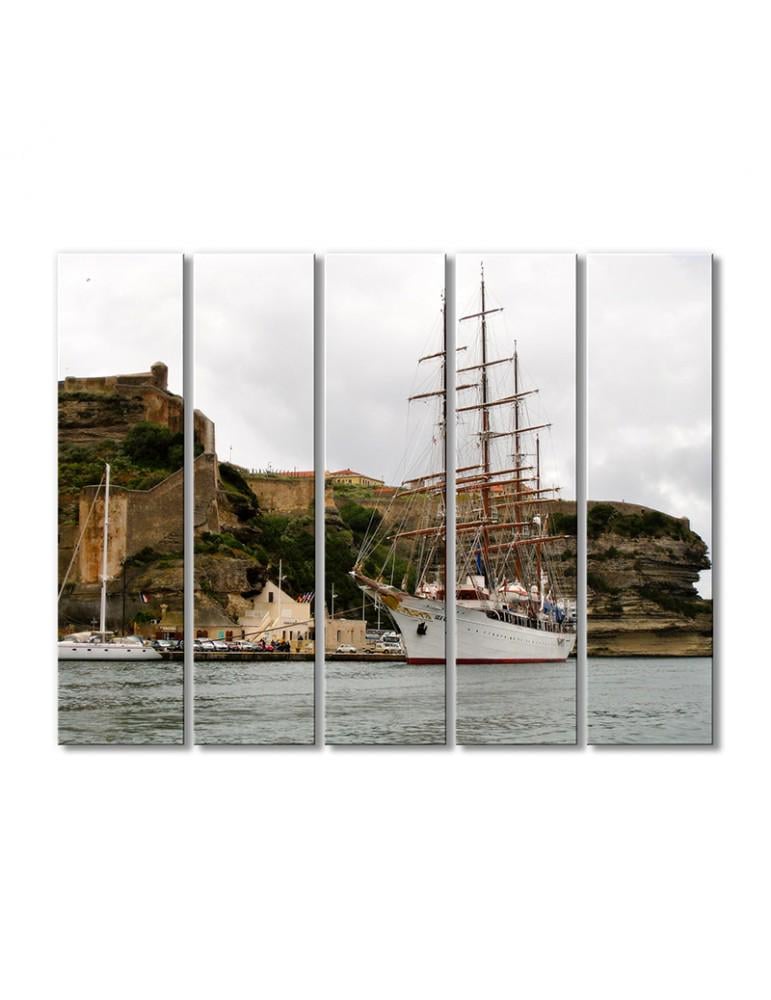 Картина модульная Парусное судно у берега 5 модулей 90x135 см