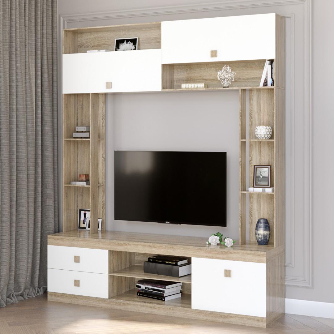 Стенка Everest Соната с нишей под ТВ ящиками и полками 1600х376х1935 мм Сонома/Белый (11281) - фото 2 Стенка Everest Соната с нишей под ТВ ящиками и полками 1600х376х1935 мм Сонома/Белый (11281) - фото 2