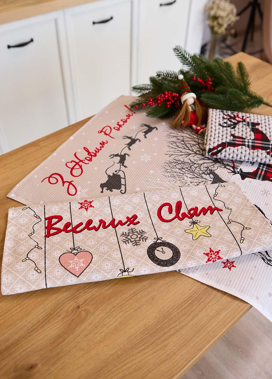 Набір новорічний вафельних рушників в коробочці Щасливого Різдва 60х47 см 3 шт. - фото 3