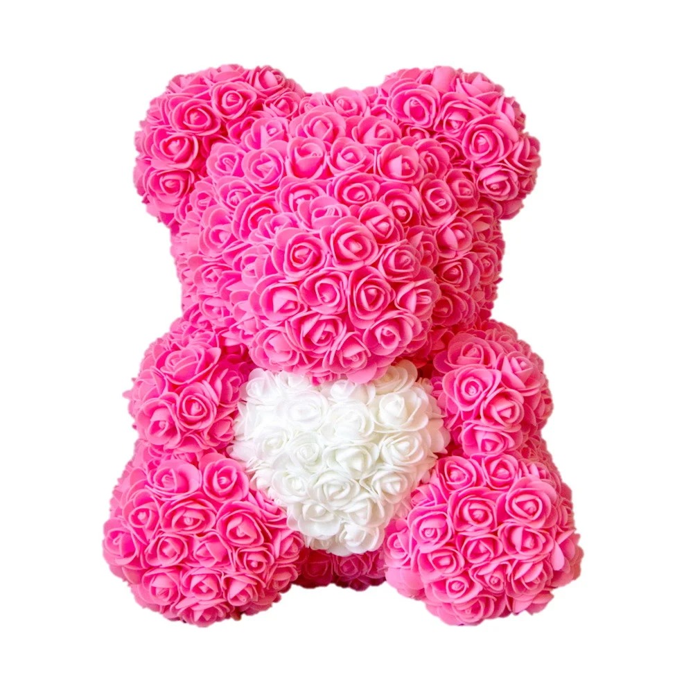Мишка из розовых 3d роз с белым сердцем 37 см (1008337-Pink)