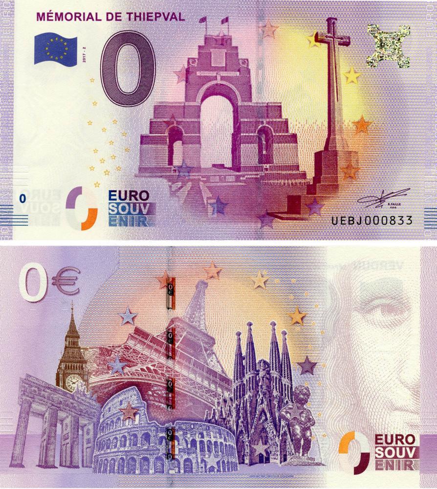 Коллекционная банкнота Франция 0 ЕВРО 2017 UNC Памятник в Отюйе (Б17606)