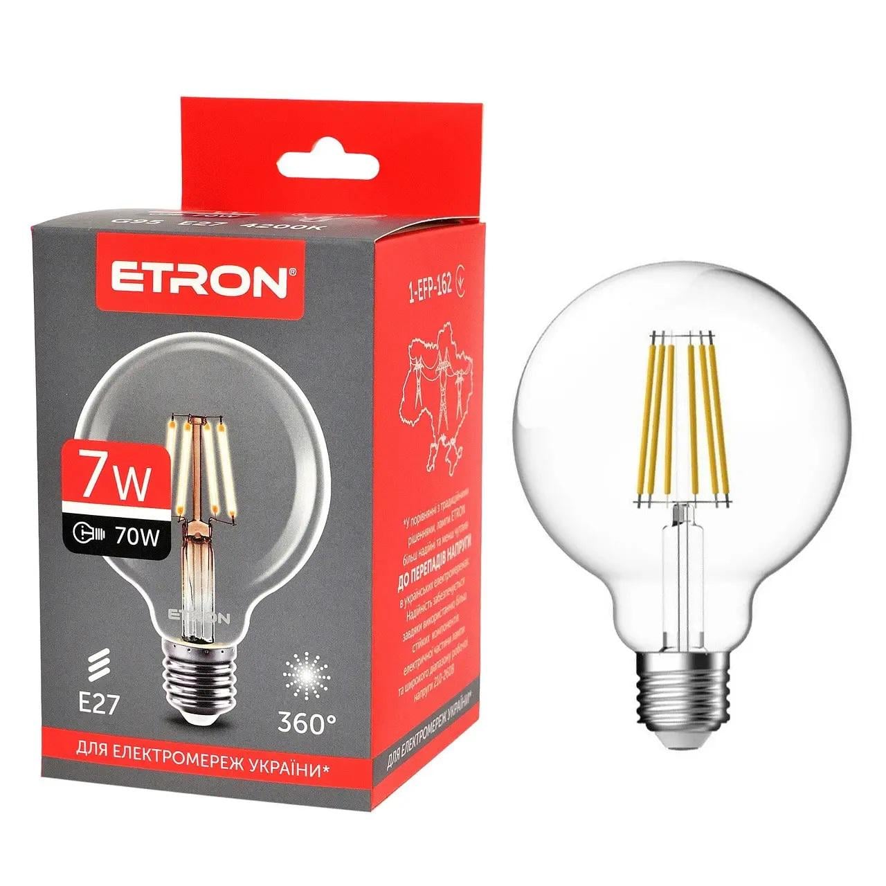 Лампа LED ETRON Filament 1-EFP-162 G95 E27 7W 4200K Прозрачный