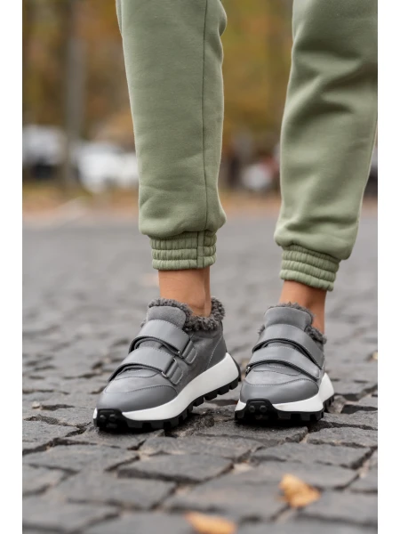 Кроссовки женские кожаные с замшевыми вставками на меху р. 41 26,5 см Серый - фото 3