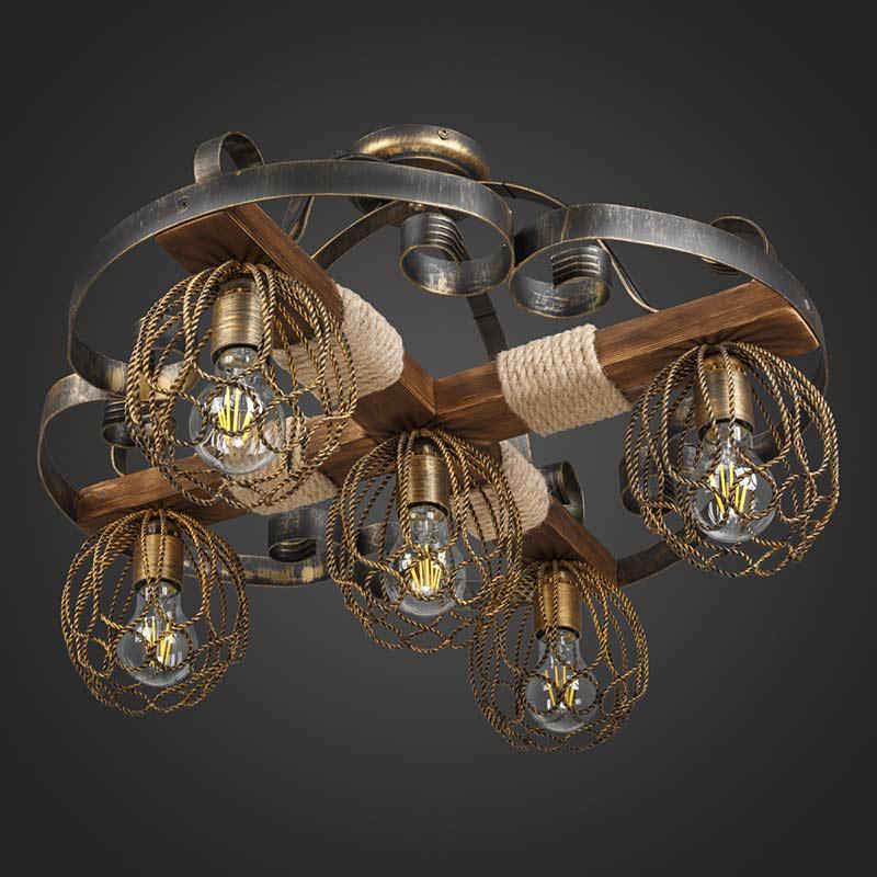 Люстра стельова дерев'яна Light House DL-13039 на п'ять ламп Коричневий / Чорний