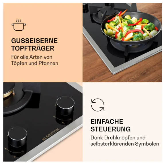 Варочная панель газовая KLARSTEIN Goldflame Domino Prime на 2 конфорки 4,2 кВт (10037806) - фото 5 Варочная панель газовая KLARSTEIN Goldflame Domino Prime на 2 конфорки 4,2 кВт (10037806) - фото 5