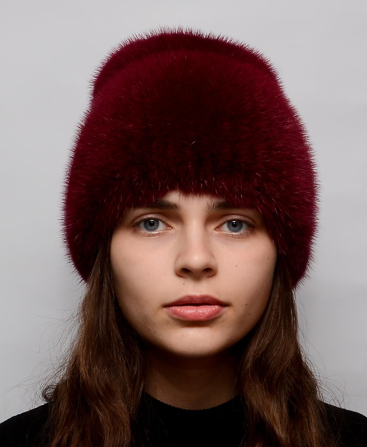 Зимняя шапка-кубанка из вязаной норки Меховой стиль Хвост натуральный мех M-L Марсала (109/N)