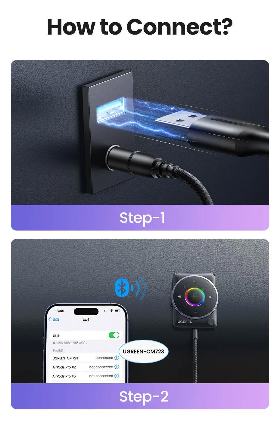 Адаптер UGREEN Bluetooth 5.4 приймач USB-AUX/3,5 мм minijack з мікрофоном RGB Чорний (35002) - фото 8 Адаптер UGREEN Bluetooth 5.4 приймач USB-AUX/3,5 мм minijack з мікрофоном RGB Чорний (35002) - фото 8