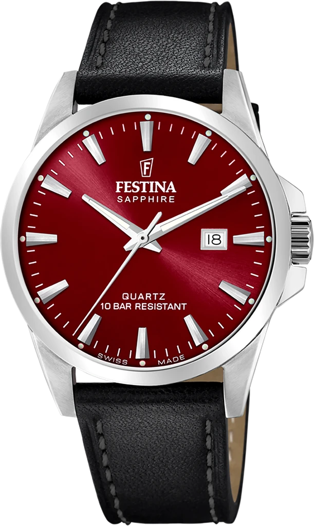 Наручные часы мужские Festina F20025/5 Classics Swiss Made со стальным корпусом/сапфировым стеклом WR 100 м и красным циферблатом