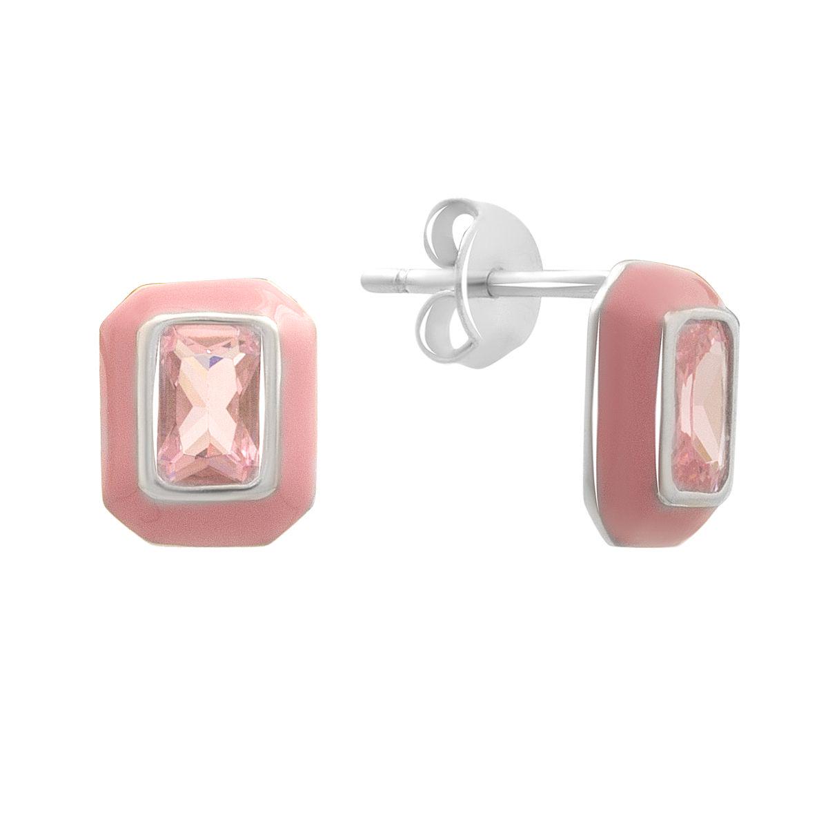 Сережки срібні пусети з рожевою емаллю та фіанітами