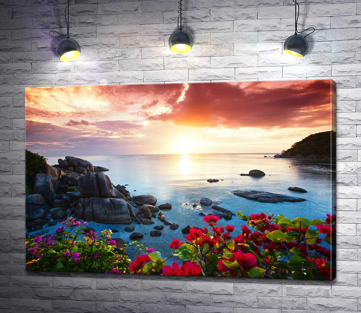 Картина ArtPoster Тропические цветы встречают розовый рассвет на холме над заливом 100x67 см Модуль №1 (002519)