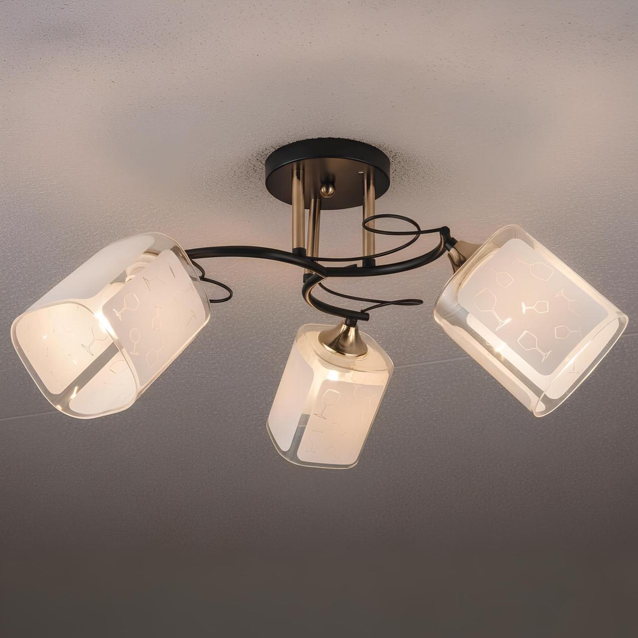 Люстра Sirius на три плафона из стекла под лампы Е27 Черный/Золотой (B N3840/3 BK+FGD)