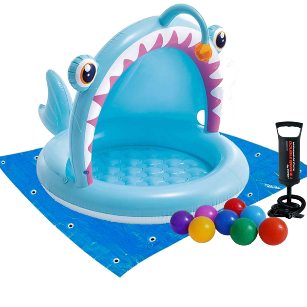 Басейн надувний дитячий Intex Рибалка круглий вініловий з навісом/насосом/підстилкою та кульками 45 л Синій (21-9-58419-2)
