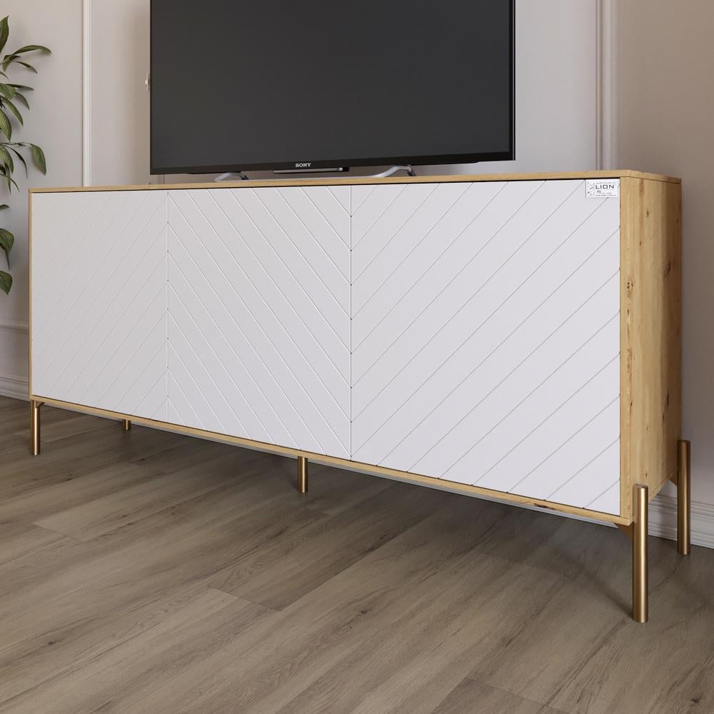 Тумба под телевизор Lion Амарант с золотыми металлическими ножками 168x40x76,5 см Дуб Артизан/Белый (000-000-2402)