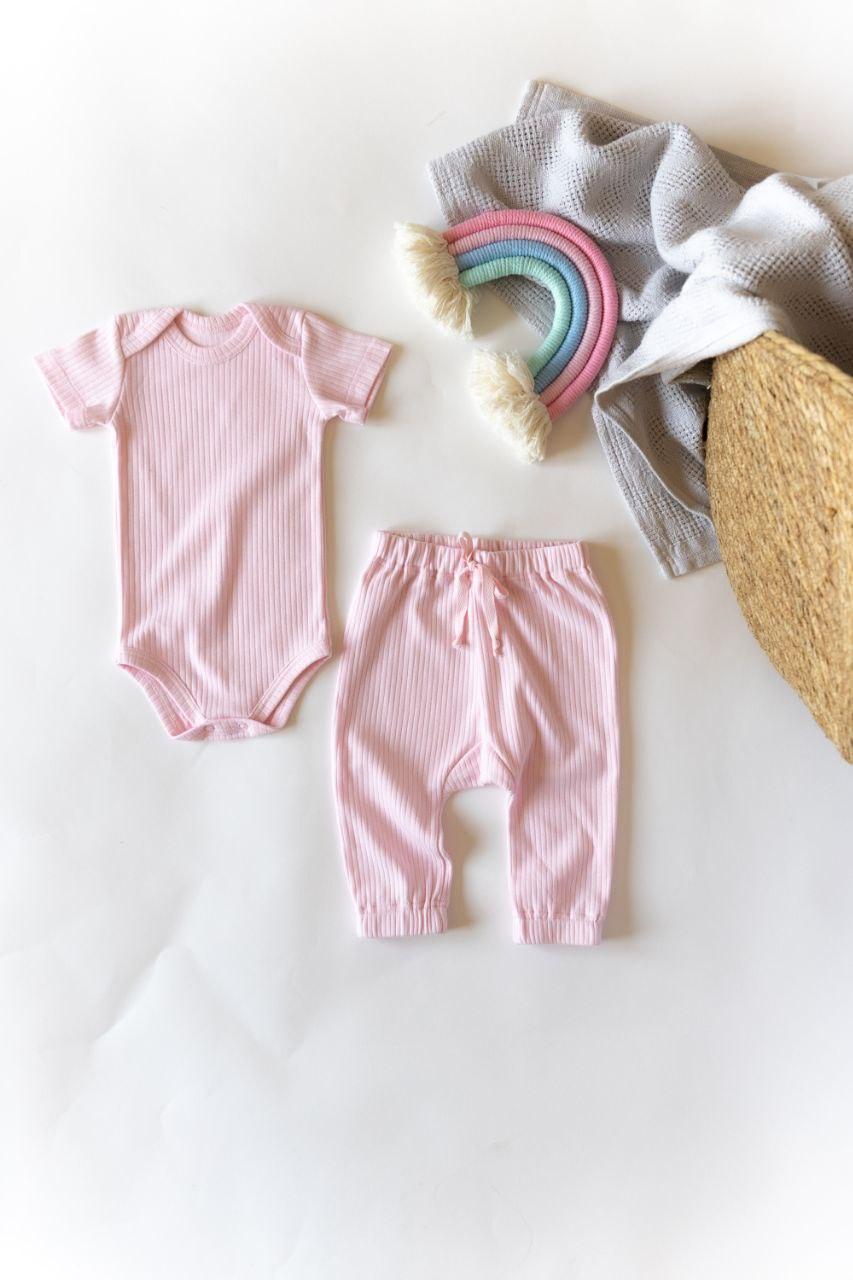 Комплект для малыша боди с коротким рукавом и штанишки интерлок рубчик 92 см Светло-розовый (2683750639)