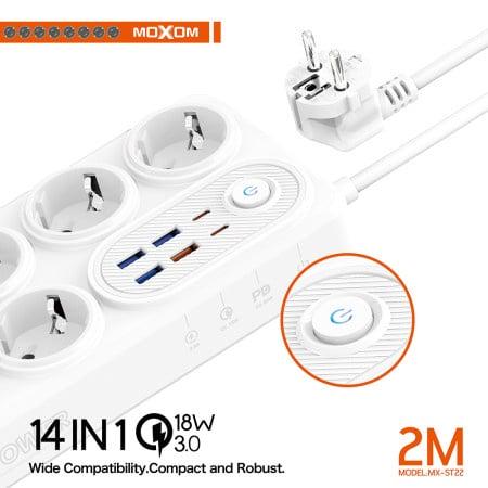 Подовжувач із захистом від перенапруги Moxom MX-ST22 14в1 Power Strip з 2 PD/QC 2500 Вт 8 розеток та 3 USB для кількох пристроїв 2 м Білий - фото 2
