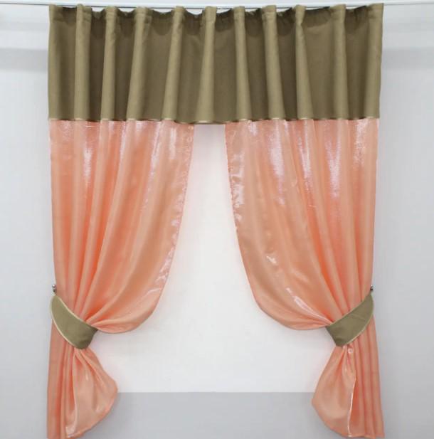 Шторки на кухню/балкон с ламбрекеном 270х170 см Персиковый/Темно-бежевый (073к)