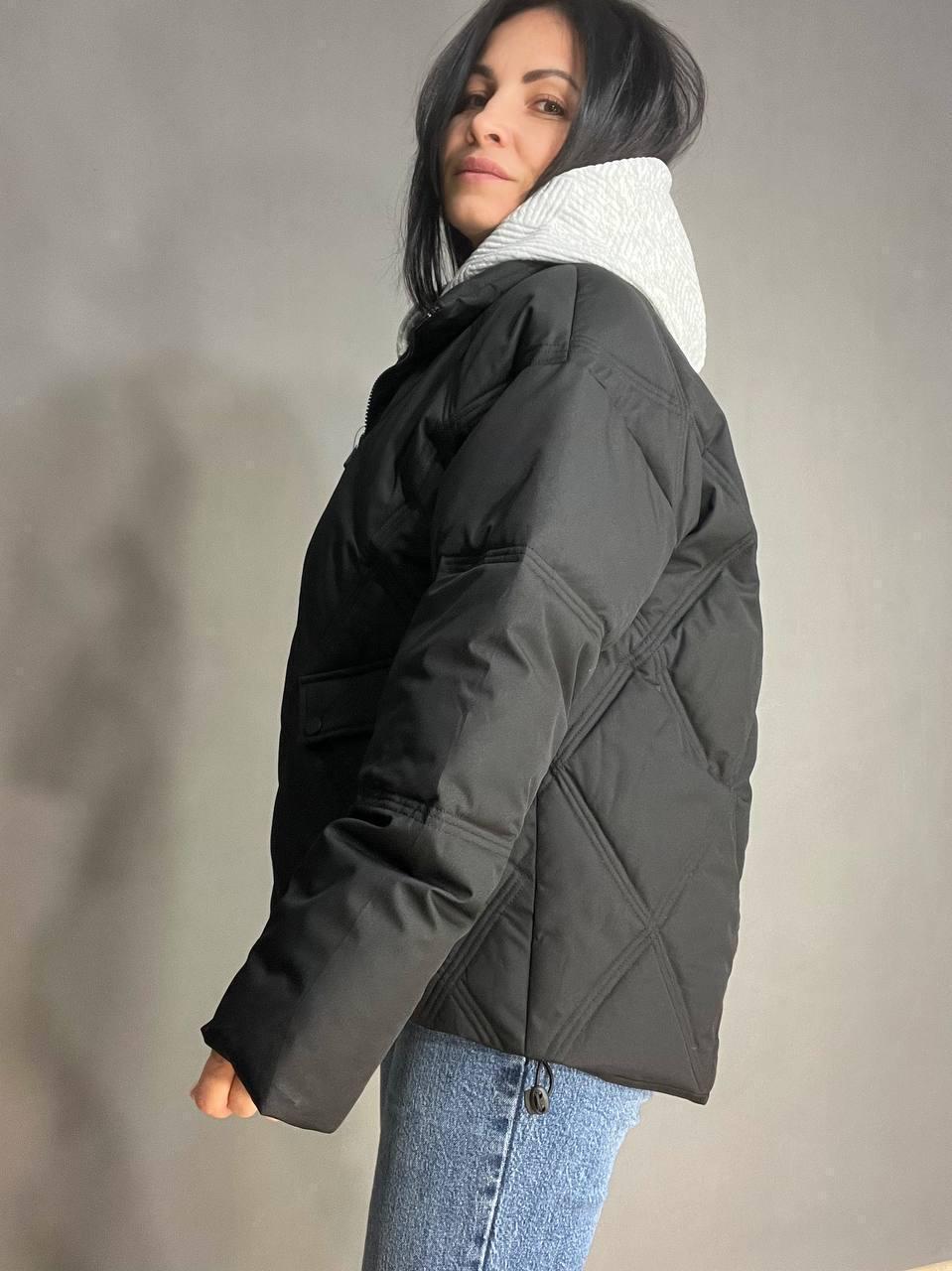 Куртка женская Joy one 552 демисезонная оверсайз трикотажная вставка с капюшоном двойная застежка L Черный (3426) - фото 5