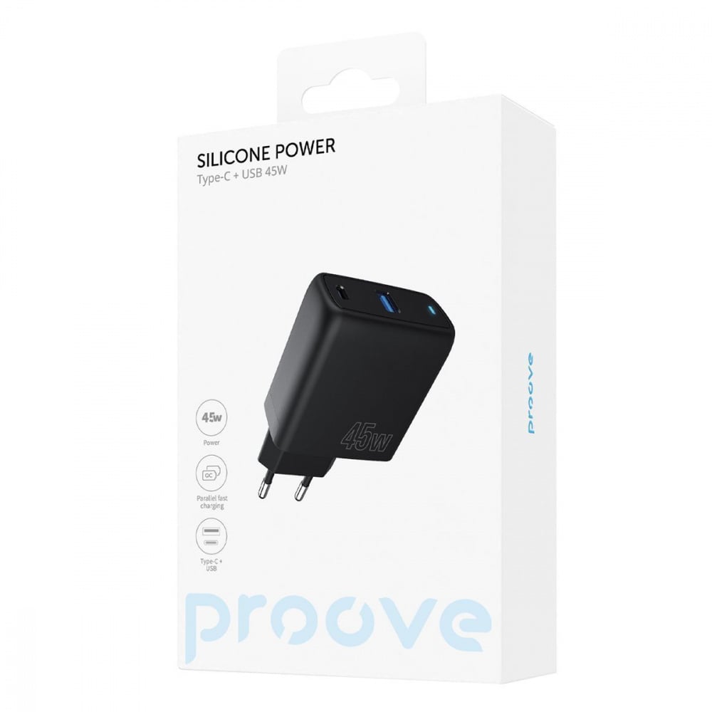 Зарядний пристрій мережевий Proove Silicone Power 45 W Type-C+USB Black - фото 2