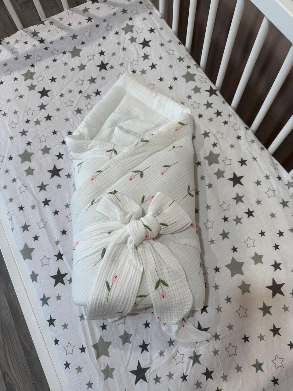 Конверт-одеяло Цветы для выписки из роддома муслиновый 75х100 см Белый (П4К-am-bant-011)