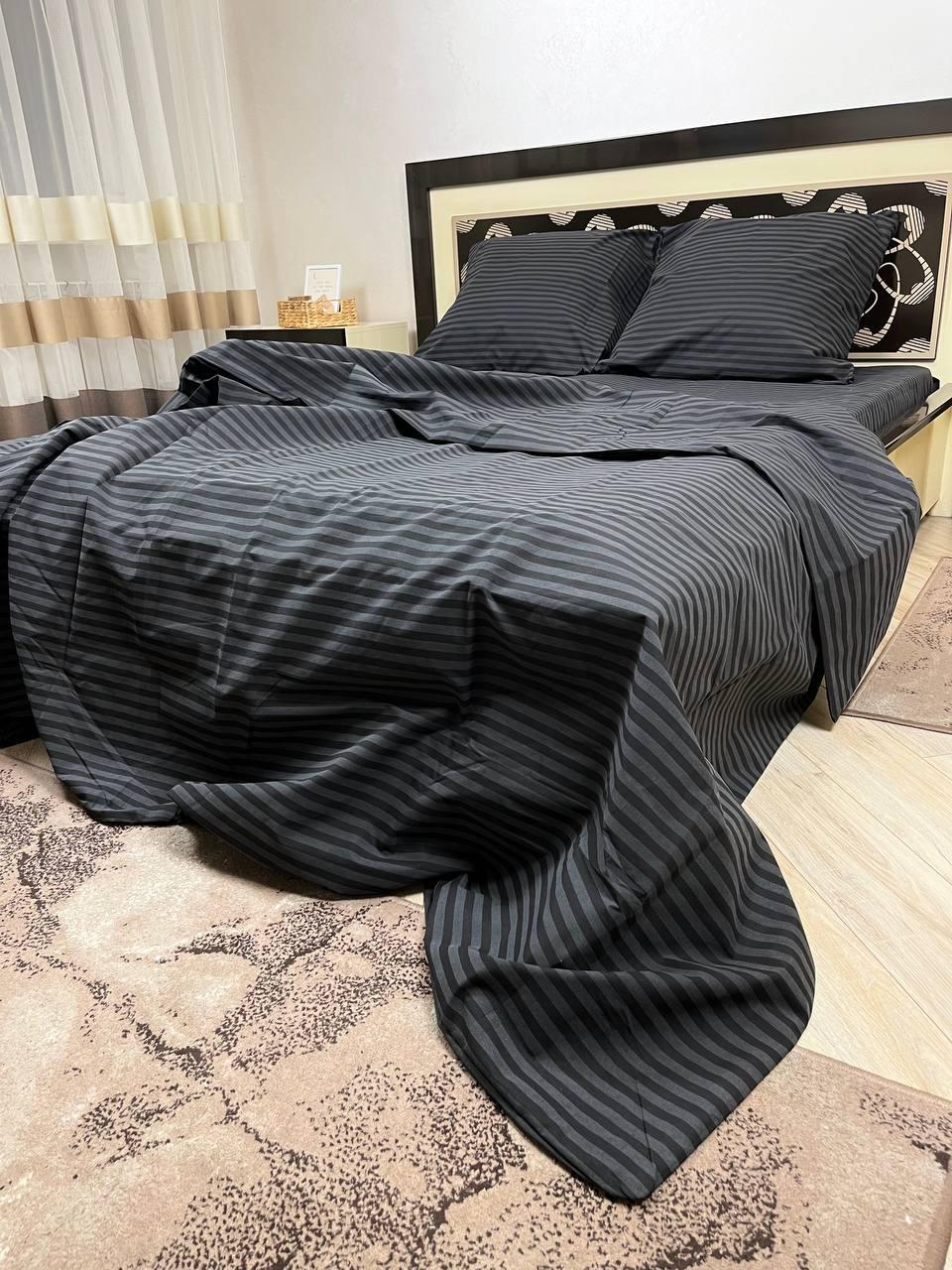 Комплект постільної білизни двоспальний Смужка бавовняний 180x220 см Чорний (28838385) - фото 1