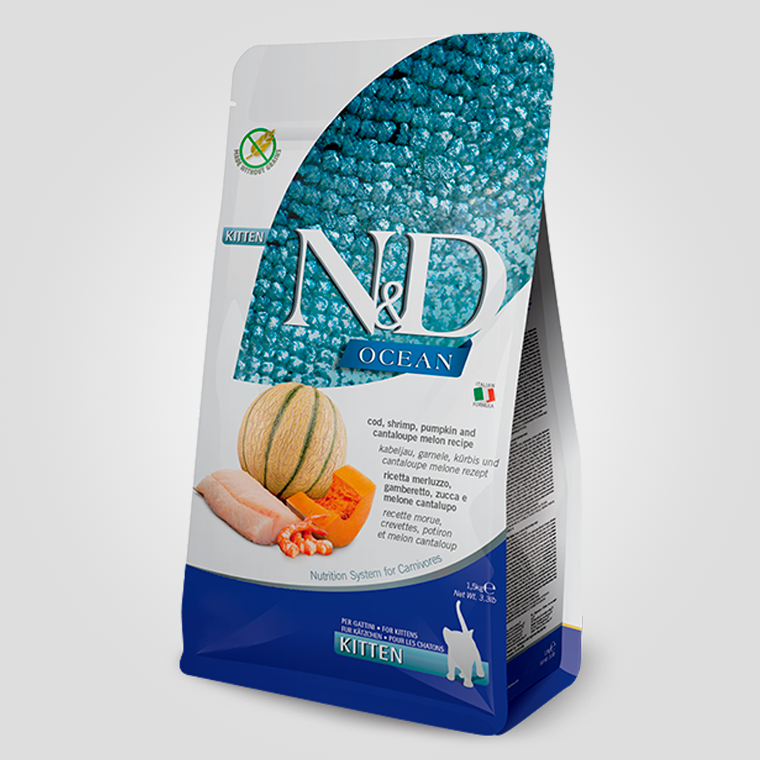 Корм сухой Farmina N&D Ocean Kitten для котят с треской креветкой и дыней 1,5 кг (2140779087) - фото 1 Корм сухой Farmina N&D Ocean Kitten для котят с треской креветкой и дыней 1,5 кг (2140779087) - фото 1