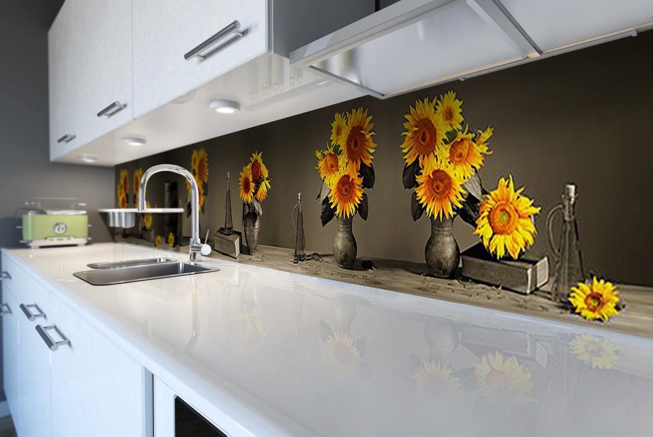 Кухонный фартук Подсолнухи букет из самоклеющейся виниловой пленки 60х250 см Желтый