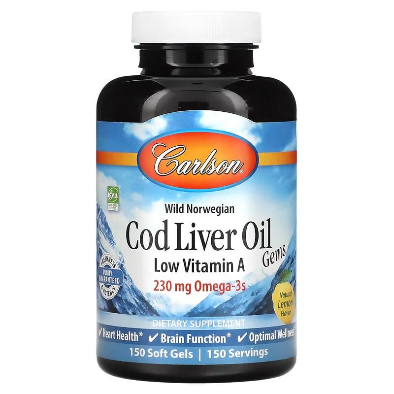 Жир рыбий А Carlson Wild Norwegian Cod Liver Oil Gems Low Vitamin A Natural Lemon из печени трески и витамин 230 mg 150 soft gels