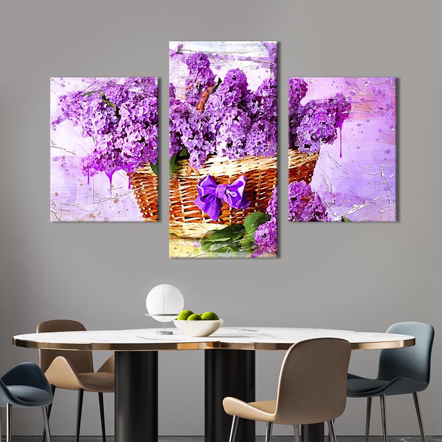 Картина на холсте триптих Букет сирени в корзине 141x90 см (853-32)