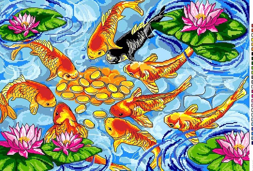 Схема на канве для вышивки нитками Золотые рыбки А3-16-141 (0828)