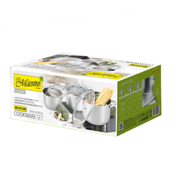 Набір посуду Maestro із нержавіючої сталі зі скляними кришками 1,8 л/2,5 л/3,4 л 6 пр. (39065e5a) - фото 8 Набір посуду Maestro із нержавіючої сталі зі скляними кришками 1,8 л/2,5 л/3,4 л 6 пр. (39065e5a) - фото 8