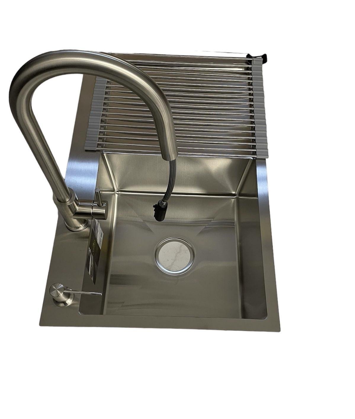 Мийка кухонна Kroner 7849LHM ліва та змішувач для кухні з висувним виливом Kroner ESG03915 Сірий