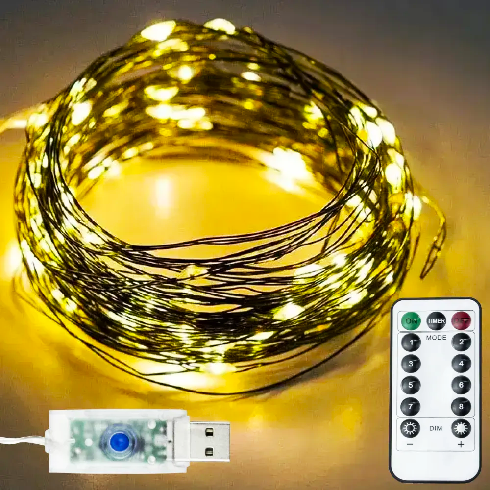 Гирлянда светодиодная Росса от USB 20 м 200LED с пультом Теплый белый