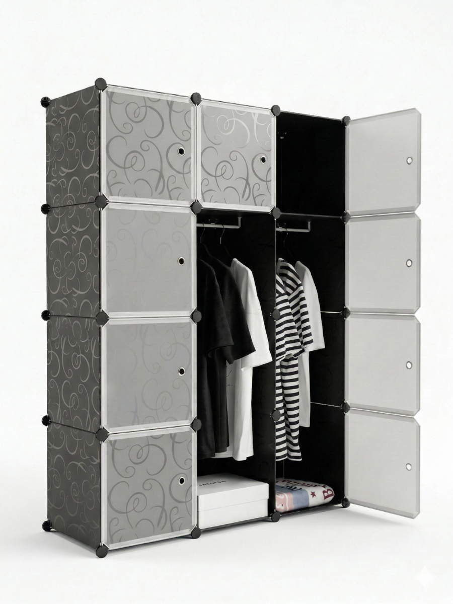 Пластиковый модульный складной шкаф для одежды и вещей 12 секций 110x37x146 см Черный/Белый (6691618623) Пластиковый модульный складной шкаф для одежды и вещей 12 секций 110x37x146 см Черный/Белый (6691618623)