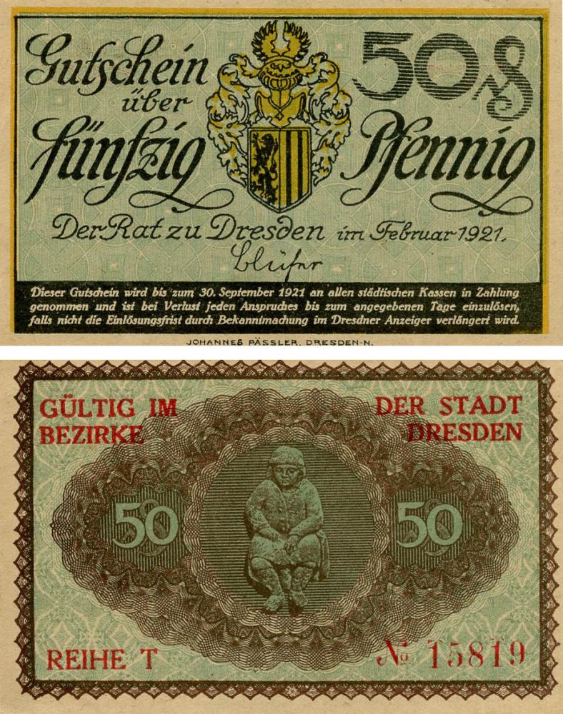 Коллекционная банкнота Германия Нотгельд 50 пфеннигов 1921 F-VF Дрезден Разновидность 2 (Б18761)