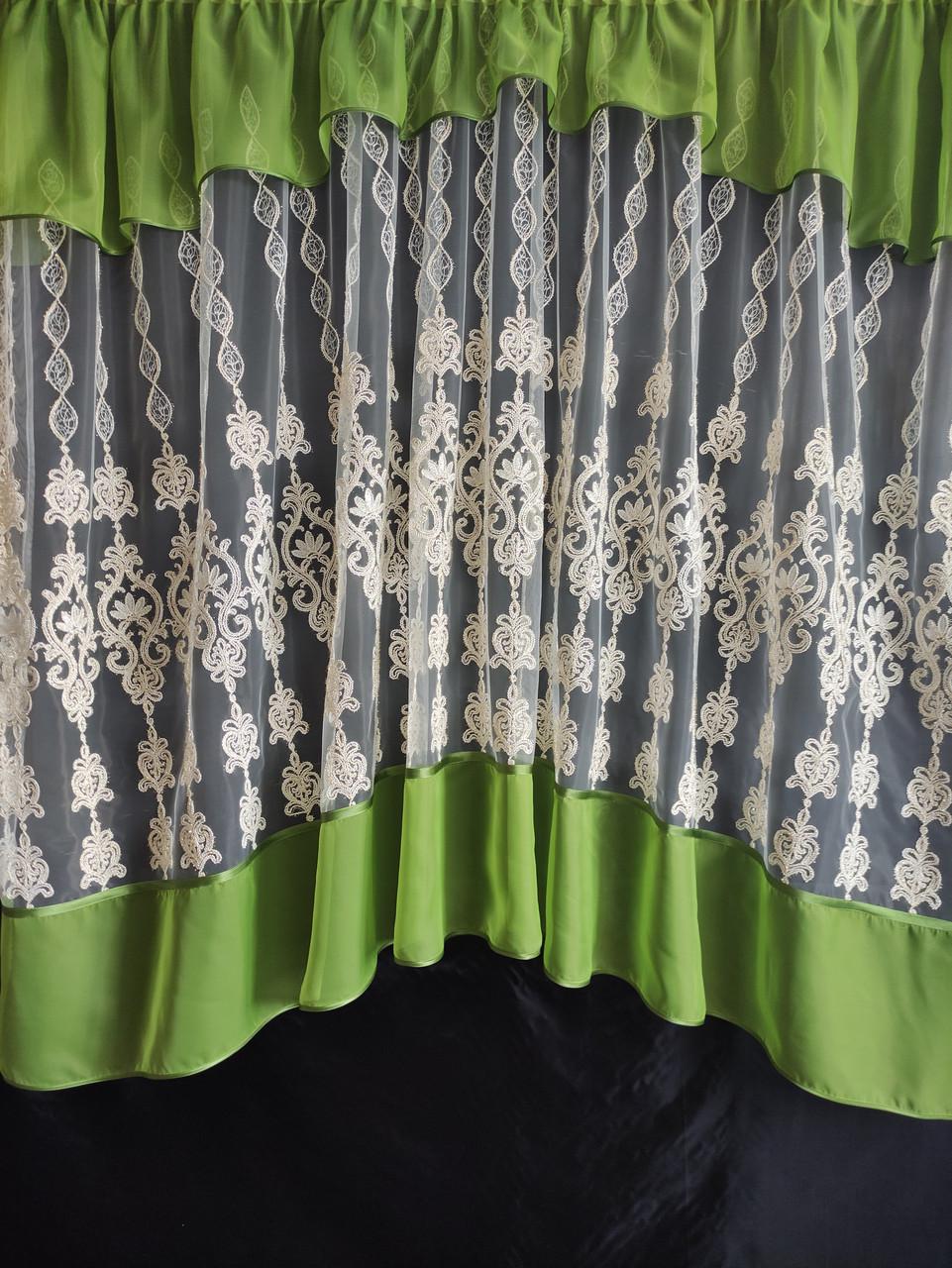 Тюль арка с ламбрекеном 300х165 см Молочный с зеленым (фа-3зел)