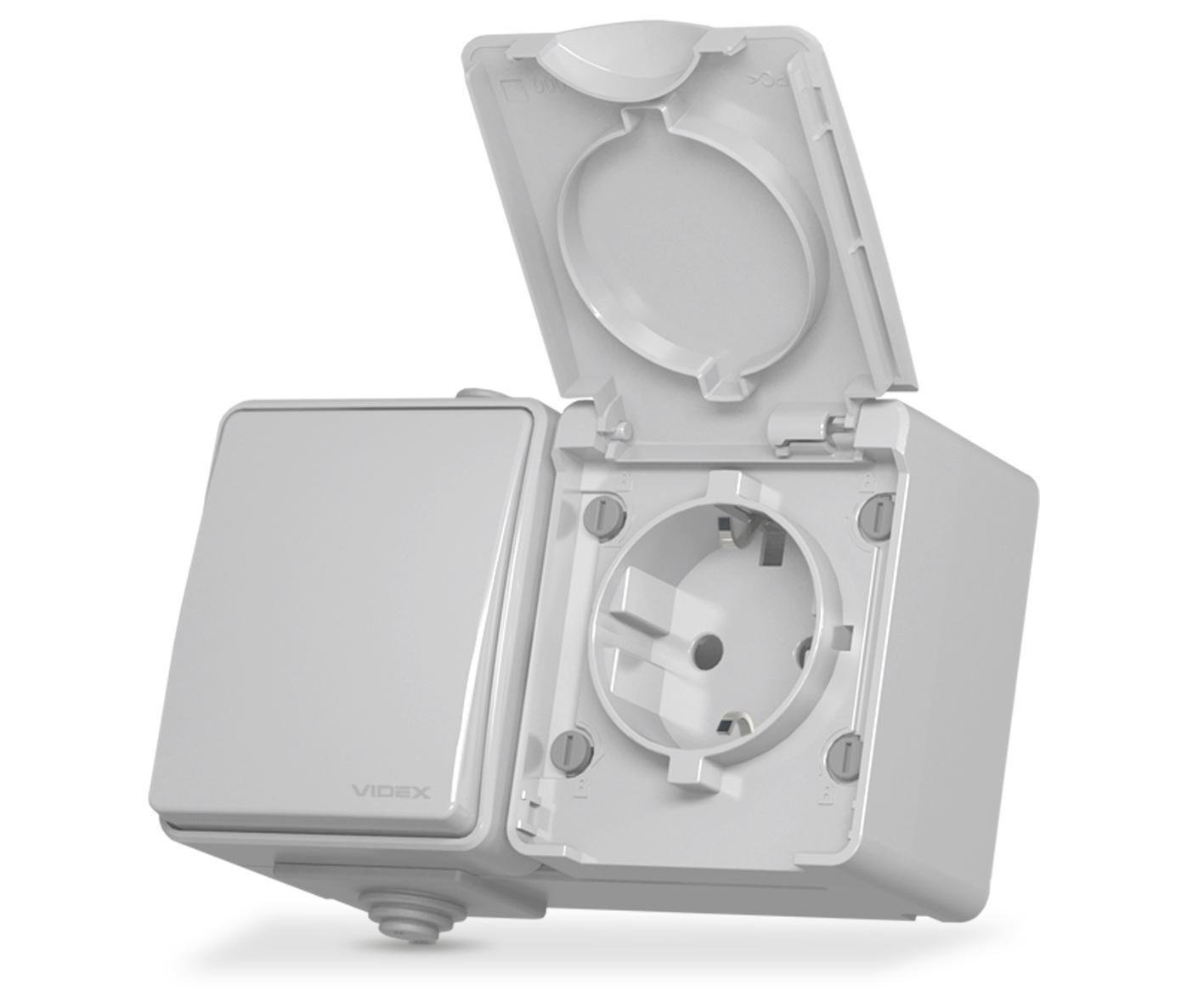 Вимикач одноклавішний та розетка одинарна з/з Videx BINERA IP65 (00000020715)
