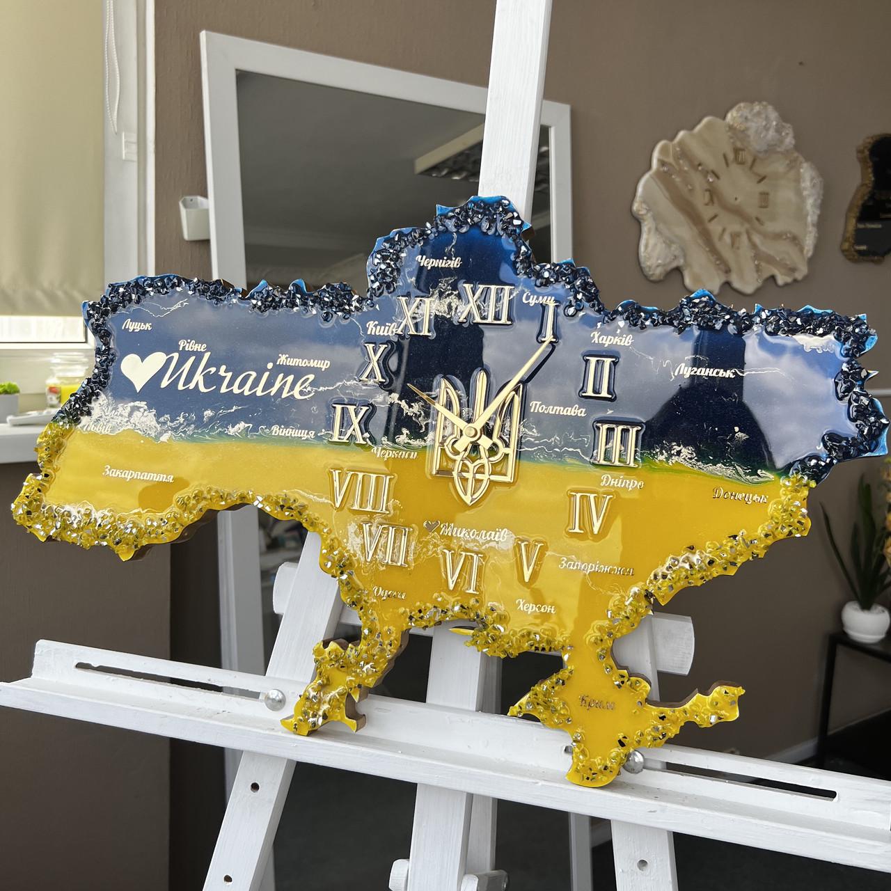 Часы настенные из эпоксидной смолы Карта Украины 70x45 см