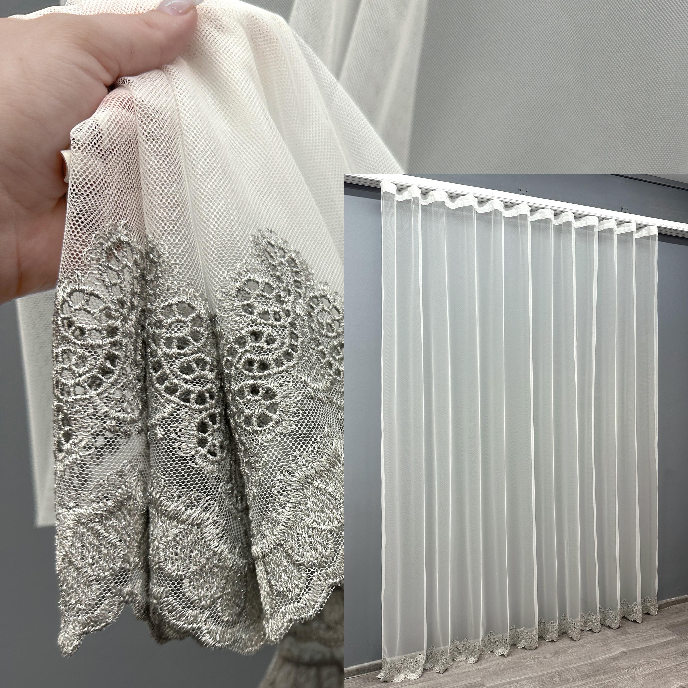 Тюль VR-Textil 1697т Грек-сетка с вышивкой и люрексом 300х270 см Молочный/Серый (42-0734) - фото 3