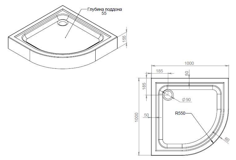 Піддон для душу AM.PM Gem W90T-401-100W акриловий напівкруглий 100x100x15,5 см (225493) - фото 2