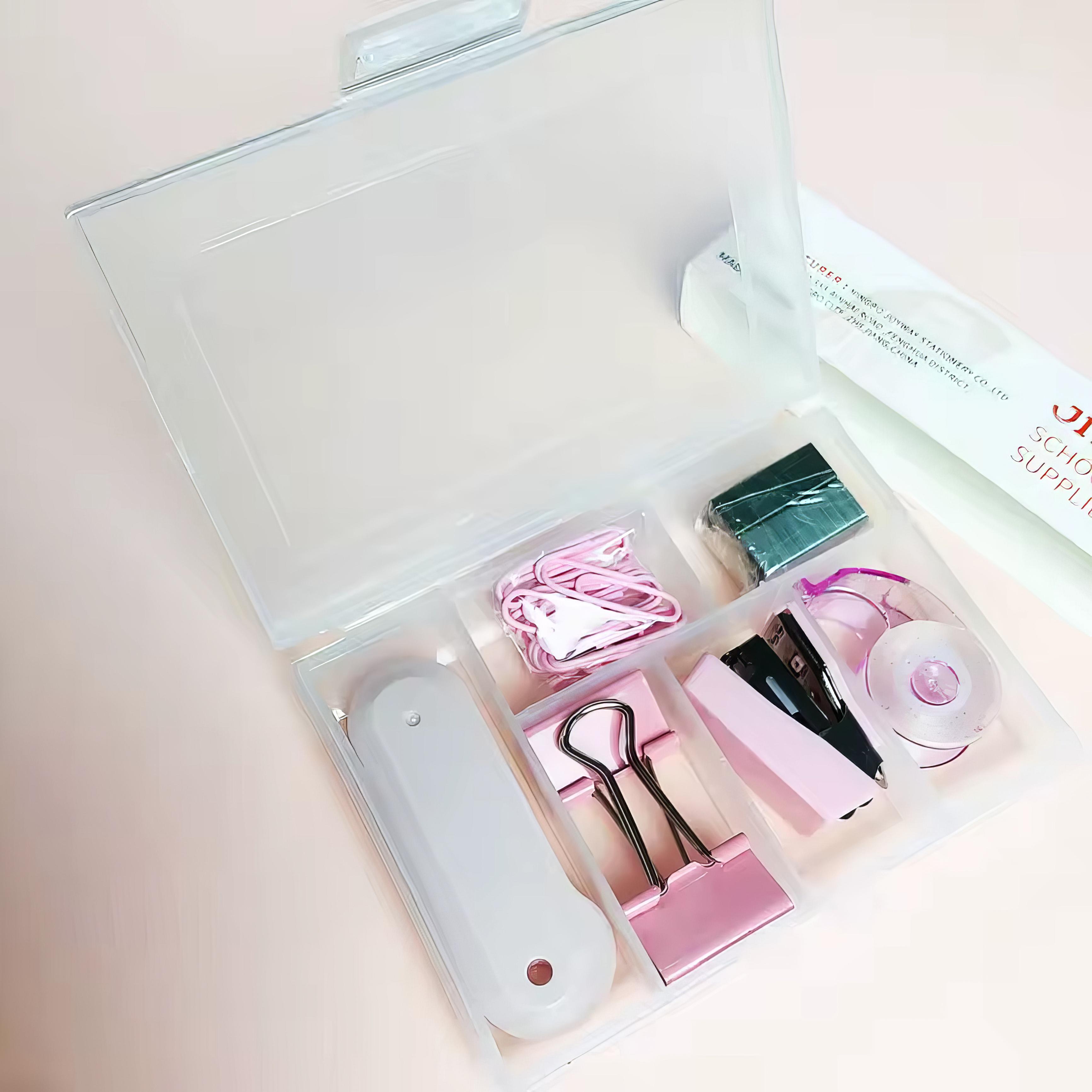 Настольный набор канцелярии органайзер для офиса степлер/скрепки/биндеры/нож канцелярский Розовый (JH-OF2401-Pink) - фото 4