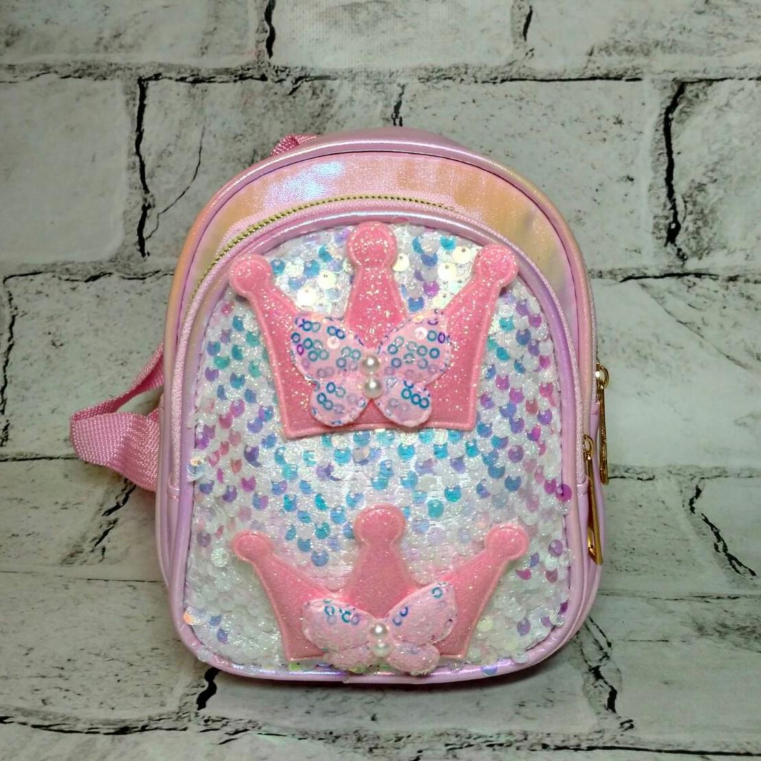 Рюкзак детский для девочки дошкольный маленький Короны с пайетками Перламутр 17х14х7 см Розовый (24-372)