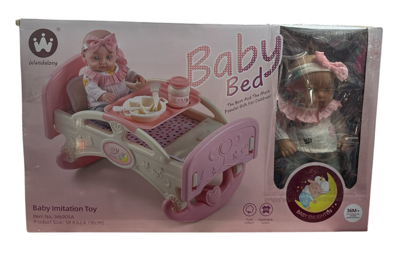Пупс с кроваткой W 6905 A одежда/съемная/подставка для завтрака/посуда/наклейки/в коробке 30 см