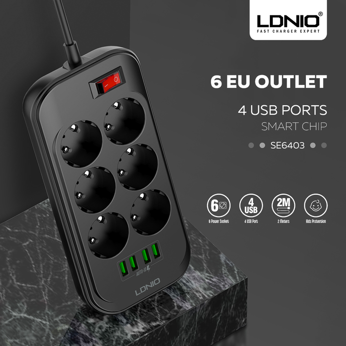 Сетевой фильтр удлинитель LDNIO SE6403 6x220 V Euro и 4xUSB 3,4 А с автоматической регулировкой тока - фото 7