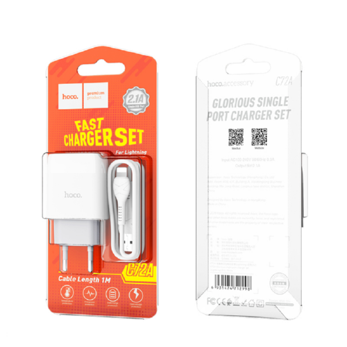 Адаптер сетевой Hoco Lightning Cable Glorious C72A 1USB 2,1A White (544570) - фото 2 Адаптер сетевой Hoco Lightning Cable Glorious C72A 1USB 2,1A White (544570) - фото 2