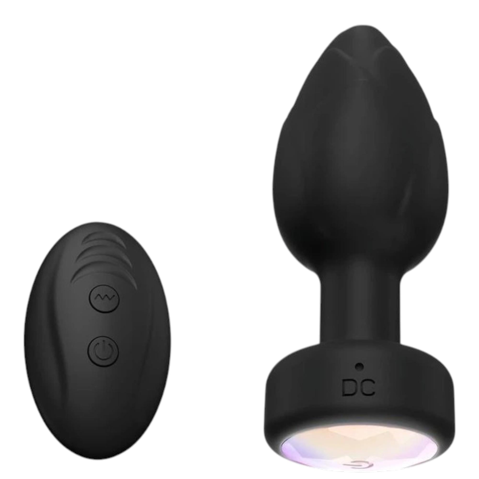 Анальная игрушка силиконовая BZZ с узором/вибрацией на пульте и LED подсветкой Черный (SE-1099)