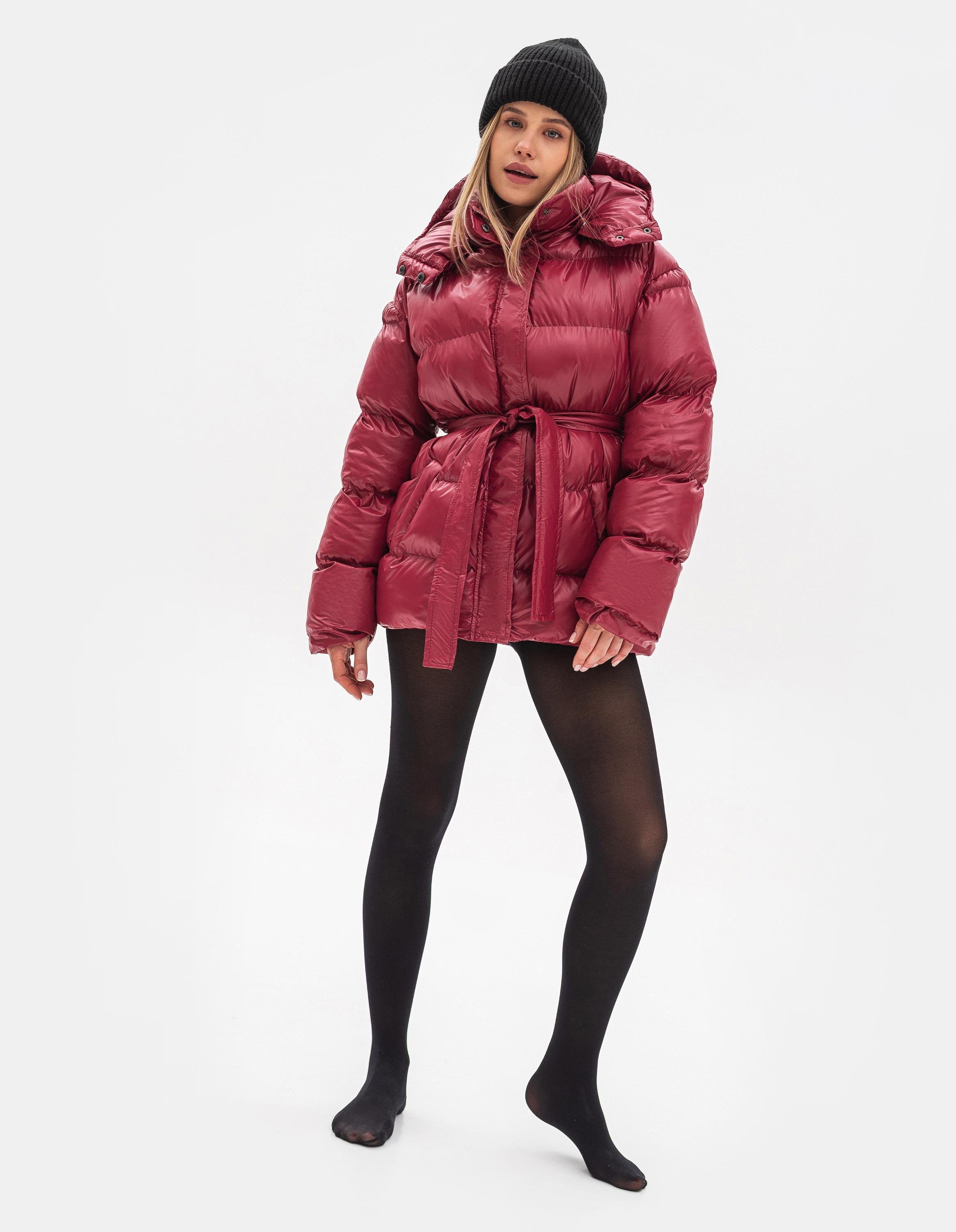 Куртка зимняя женская ZF Inspire 2023 короткая с капюшоном и поясом L/XL Бордовый (2023-Бр-L-XL)