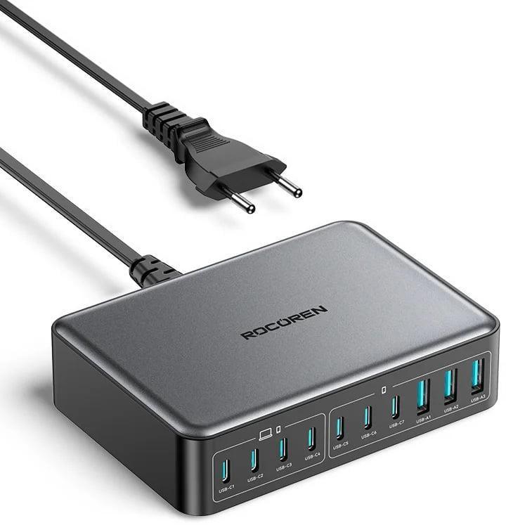 Зарядное устройство настольное Rocoren 0262 400W GAN PPS PD3.0 QC5.0 порты 3USB/7Type-C Black (43694)