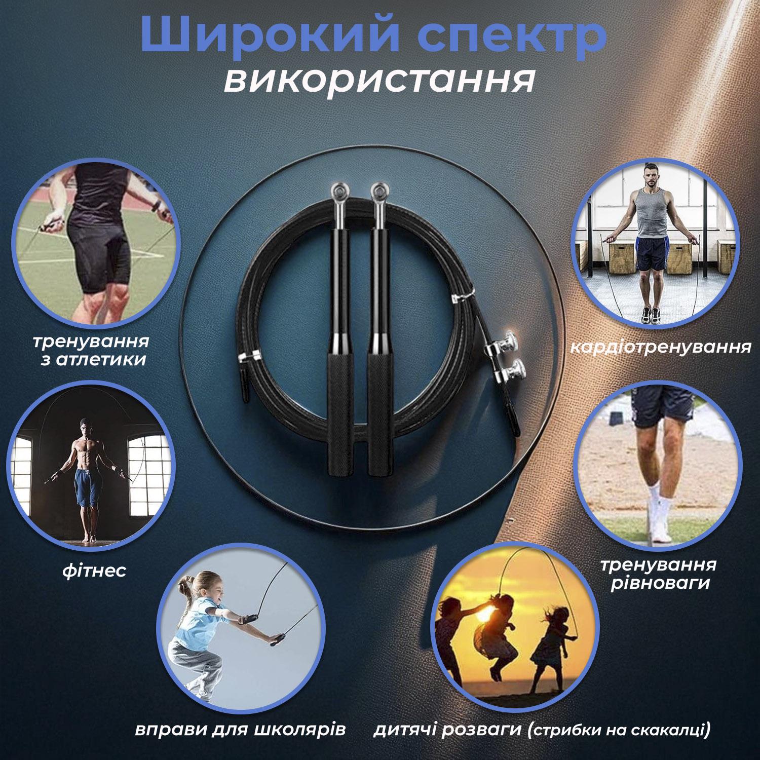 Скакалка спортивная скоростная с металлическим тросом подшипником регулировкой длины Черный - фото 7 Скакалка спортивная скоростная с металлическим тросом подшипником регулировкой длины Черный - фото 7